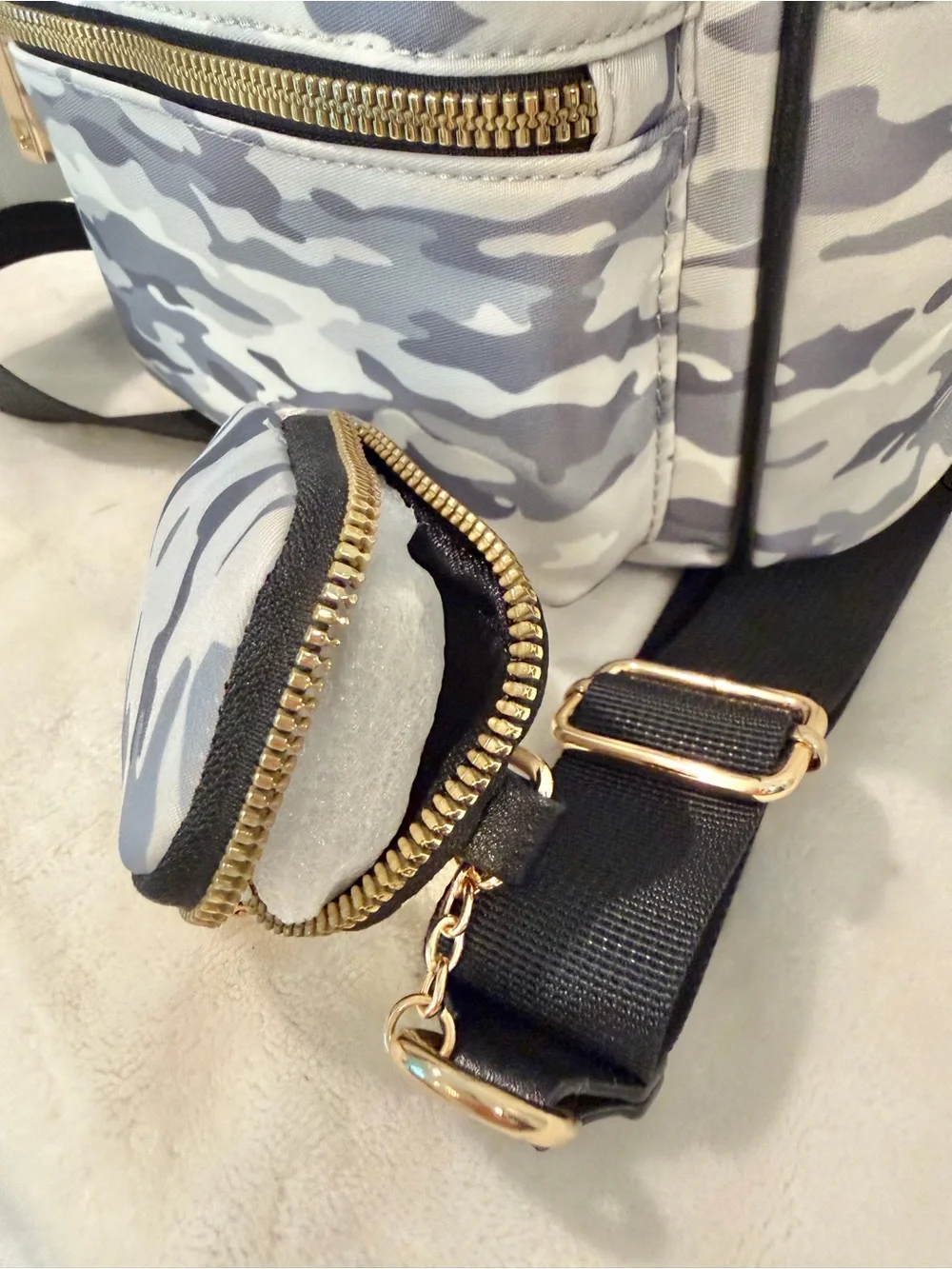 Gray Camo Mini Backpack Convertable Handbag, Adjustable Straps & Gold Hardware
